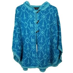 Alpaca Connection‎ Hooded Poncho One Size Blue Alpaca Wool Blend Printed Tribal